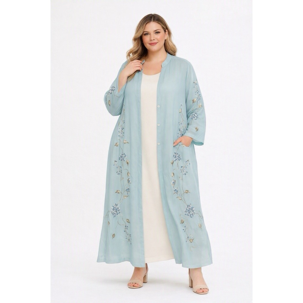 Blue Embroidered Long Duster 24W Plus Size